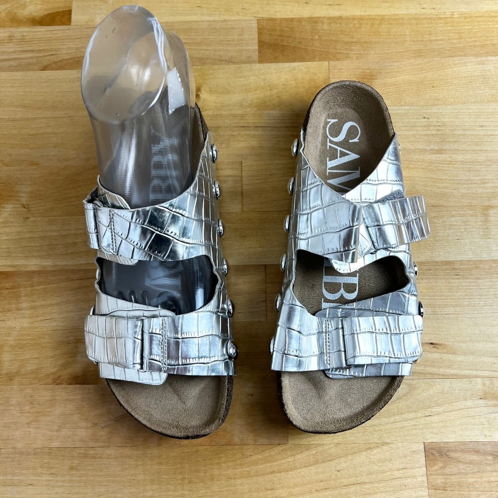 Sam & Libby Sandals Silver Slide‎ On Faux Croc Embossed Studded Girl's Size 5